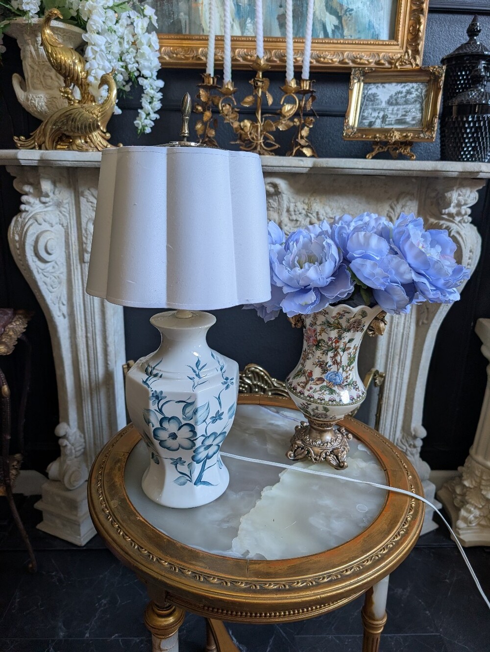 Vintage, MCM, Blue and White Floral Ceramic Table Accent Lamp, Scallop Shades 24